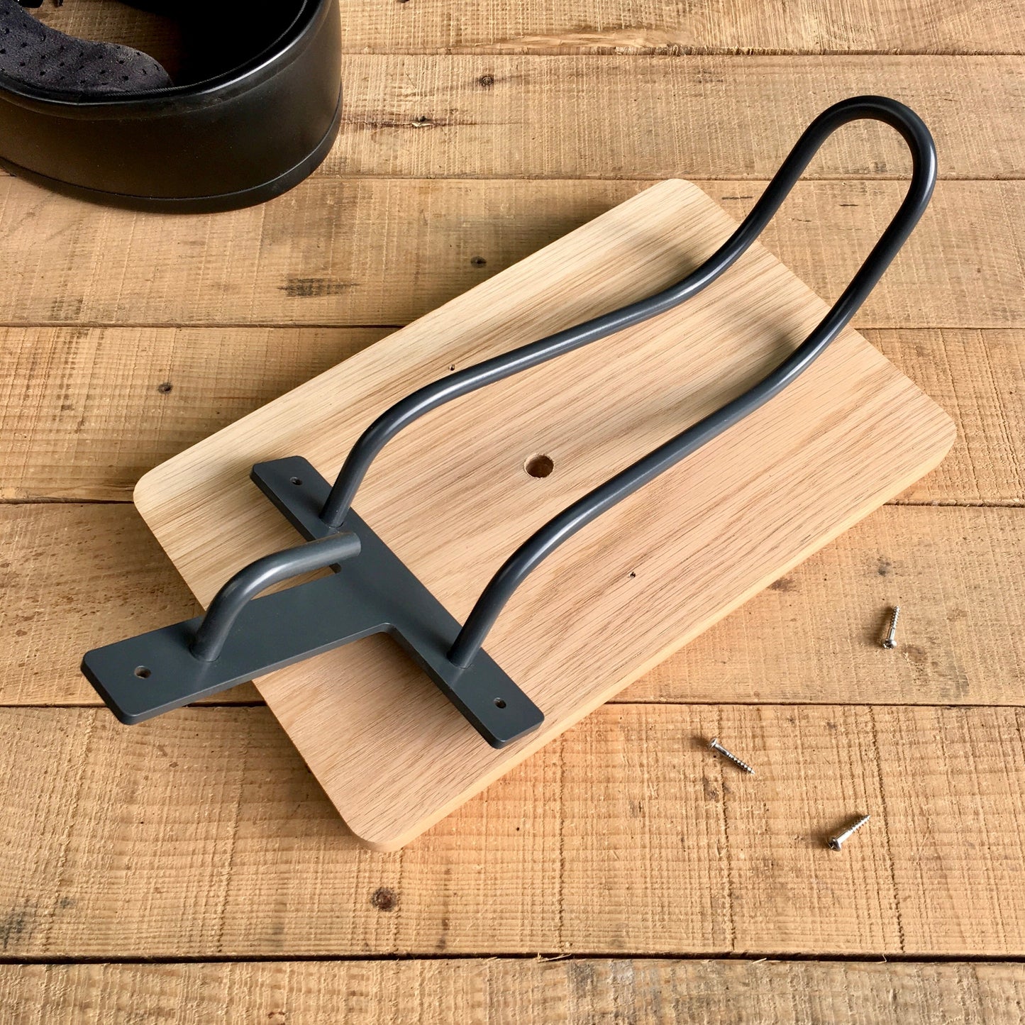 moto helmet hanger | metal hook + oak mount
