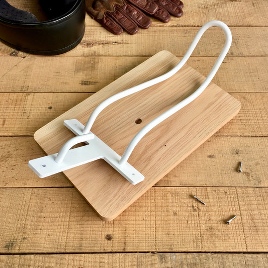 moto helmet hanger | white hook + oak mount