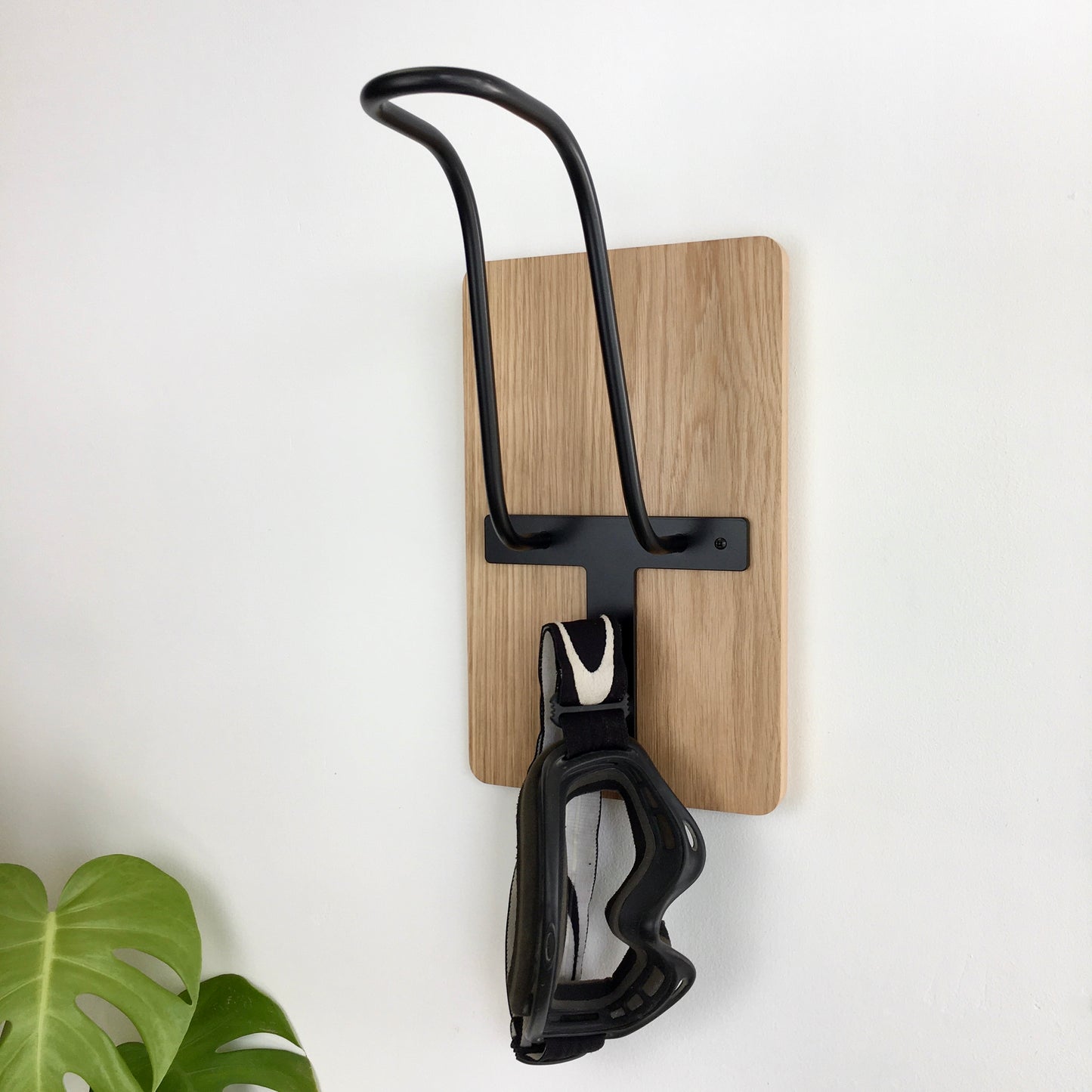 moto helmet hanger | grey hook + oak mount