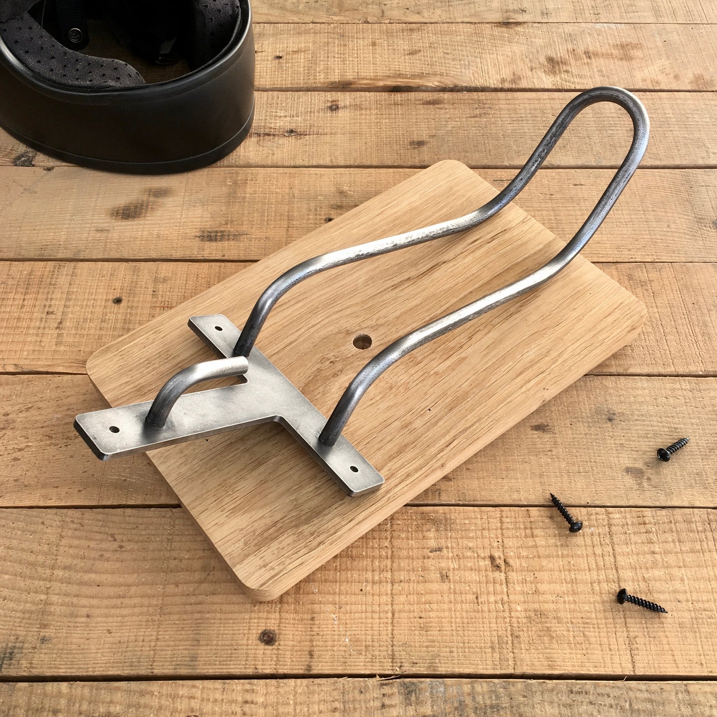 moto helmet hanger | metal hook + oak mount