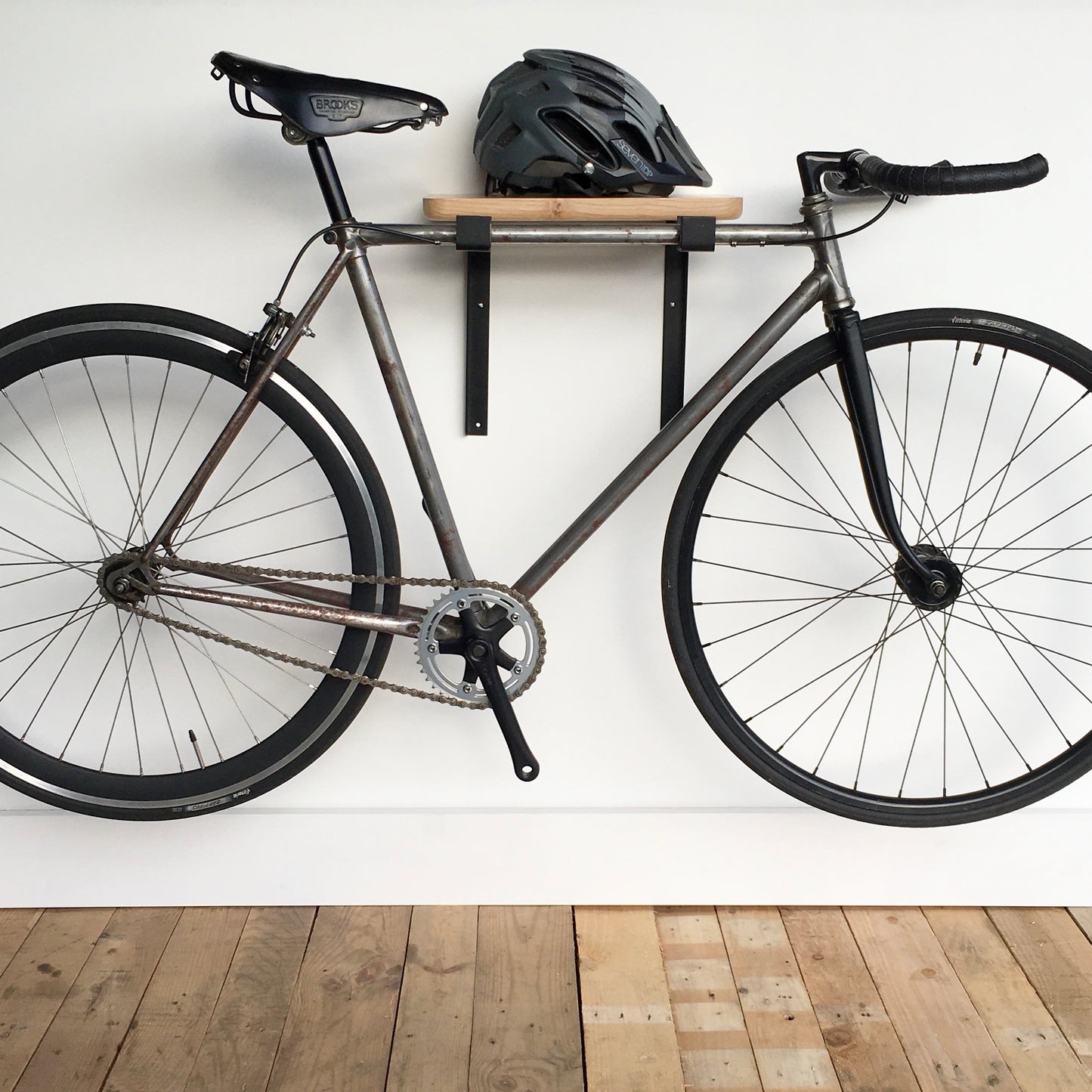 cycle wall hanger | white gallows + oak shelf