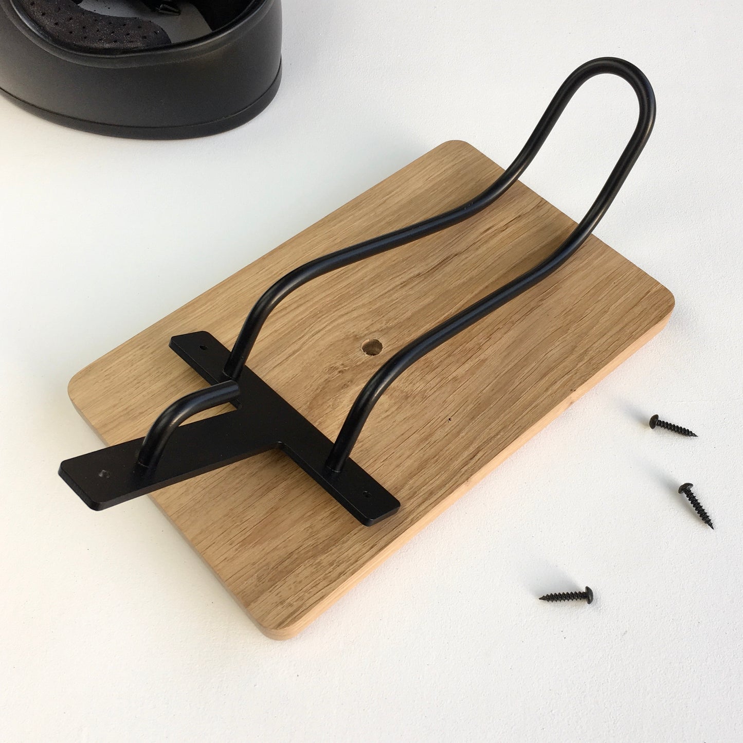 moto helmet hanger | black hook + oak mount