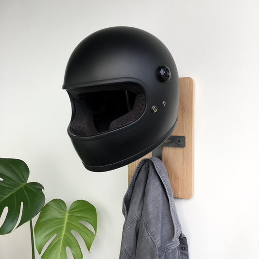 moto helmet hanger | metal hook + oak mount