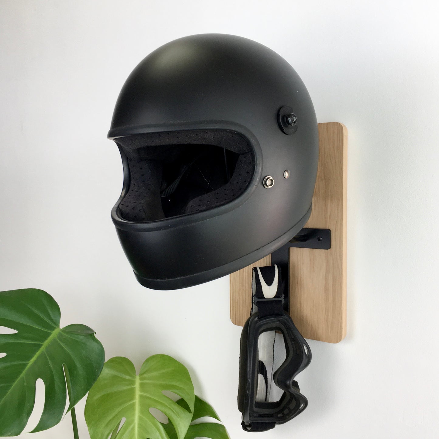 moto helmet hanger | white hook + oak mount